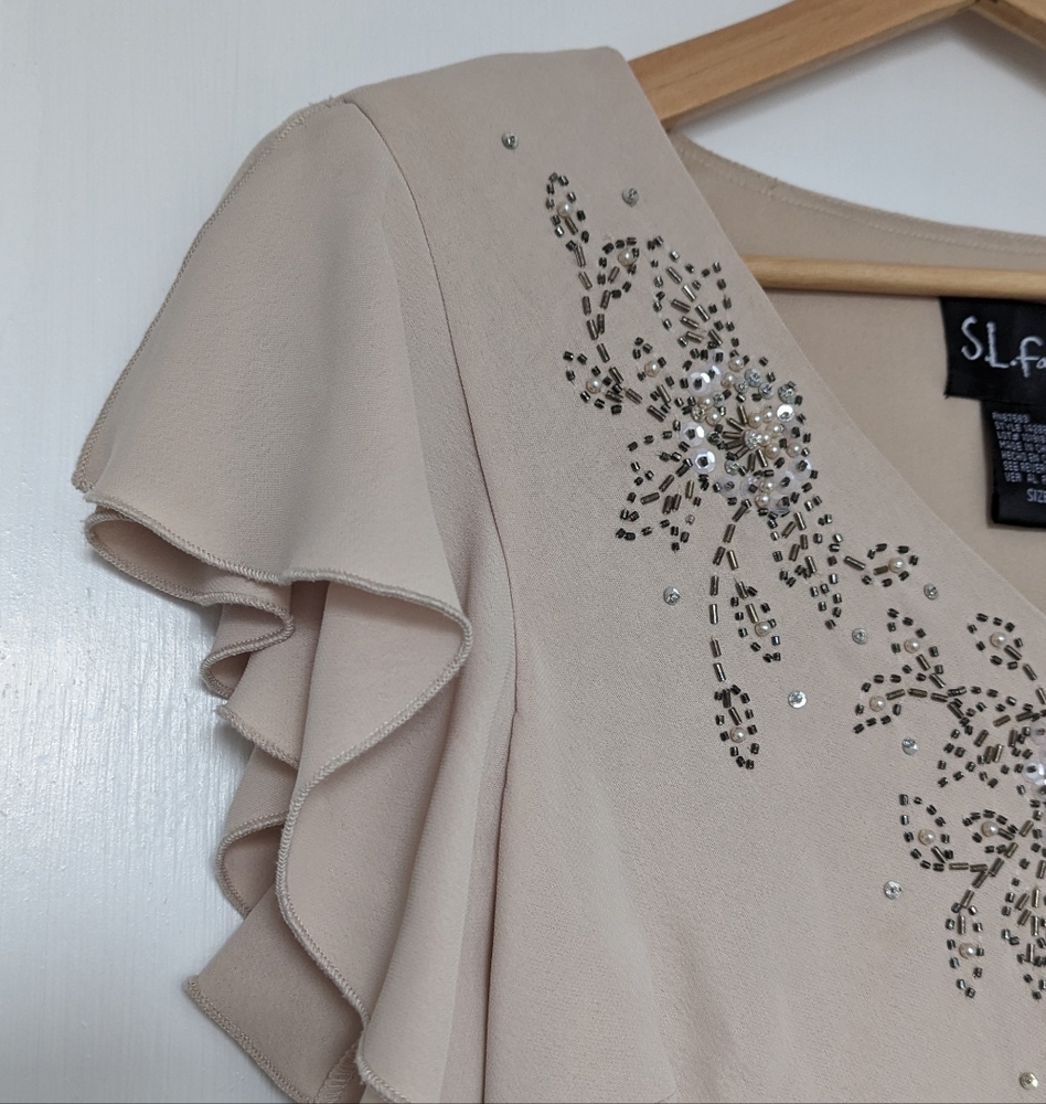 S.L. Fashion Cream Beaded Flutter Sleeve Midi Cocktail Dress Size 16 - Picture 4 of 10